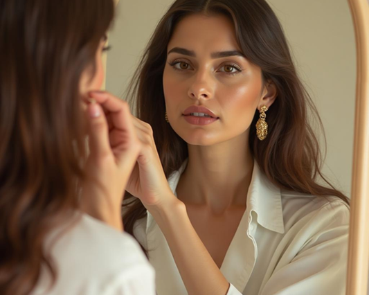 Elegant minimalist woman in neutral outfit with accessories by Amaya Beauty.