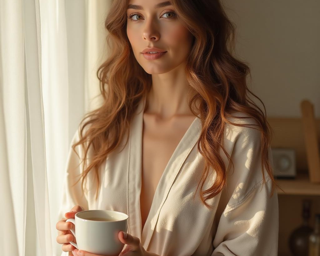 Elegant woman having a calm morning with tea and minimalist accessories by Amaya Beauty